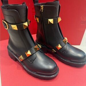 Valentino Garavani Black Ankle Boots with Gold Studs